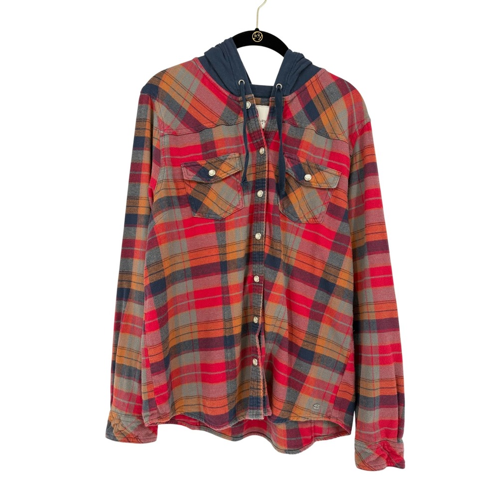 Legendary Whitetails Mens Large Plaid Hooded Flannel Shirt Red Navy Snap Front